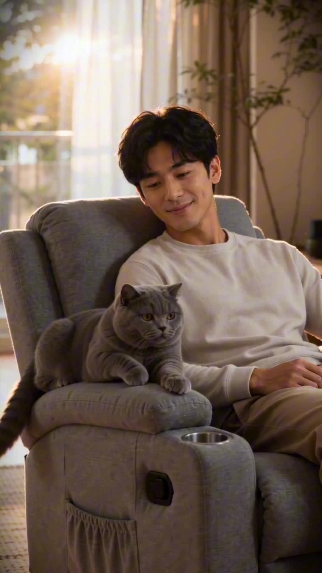 Man relaxing with a cat in a reclining chair